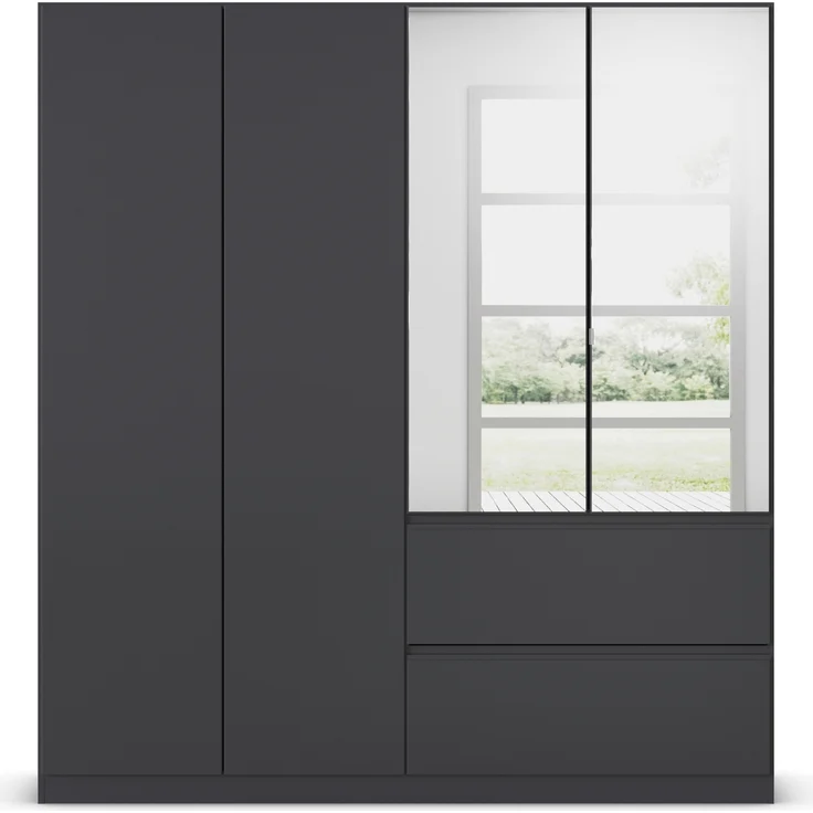 rauch Kleiderschrank, Drehtürenschrank COSTA, 4-türig, 2 Spiegeltüren, 2 Schubkästen, push-to-open, Grau metallic, 181 x 197 x 54 cm – Bild 2