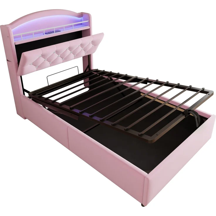 Merax Kinder Polsterbett 90x200, Samt Einzelbett Multifunktionsbett mit Stauraum mit LED und USB Rosa – Bild 9