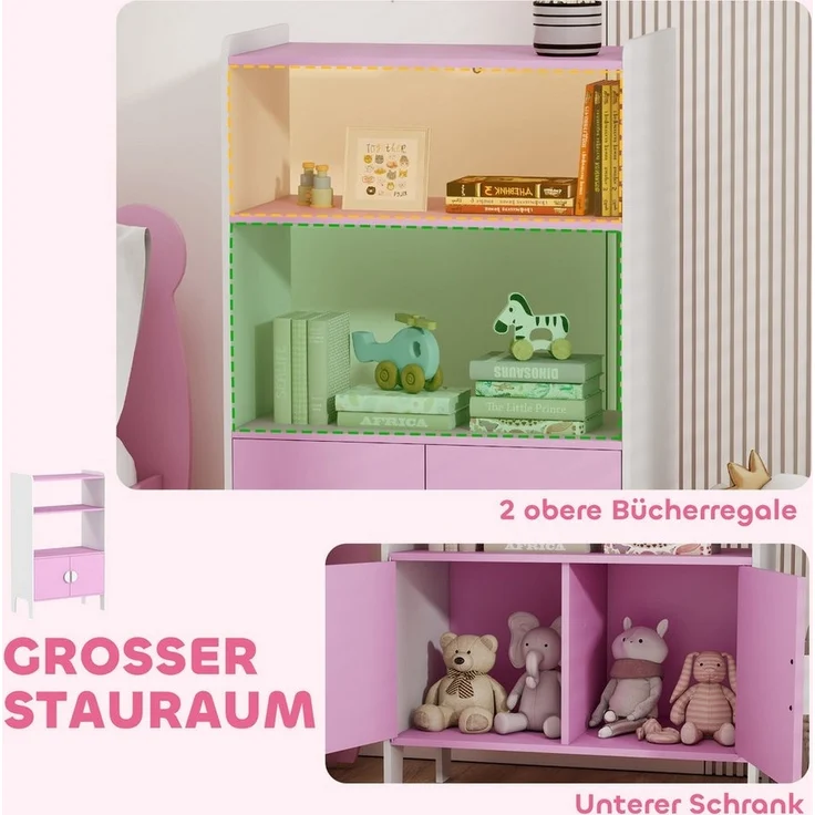 AIYAPLAY Kinderregal mit 2 offene Ablage, 2 Schränke, Kippschutz, rutschfesten Füßen, Bücherregal Kinder 1-tlg, für Kinderzimmer 60 x 35 x 100 cm Rosa – Bild 3