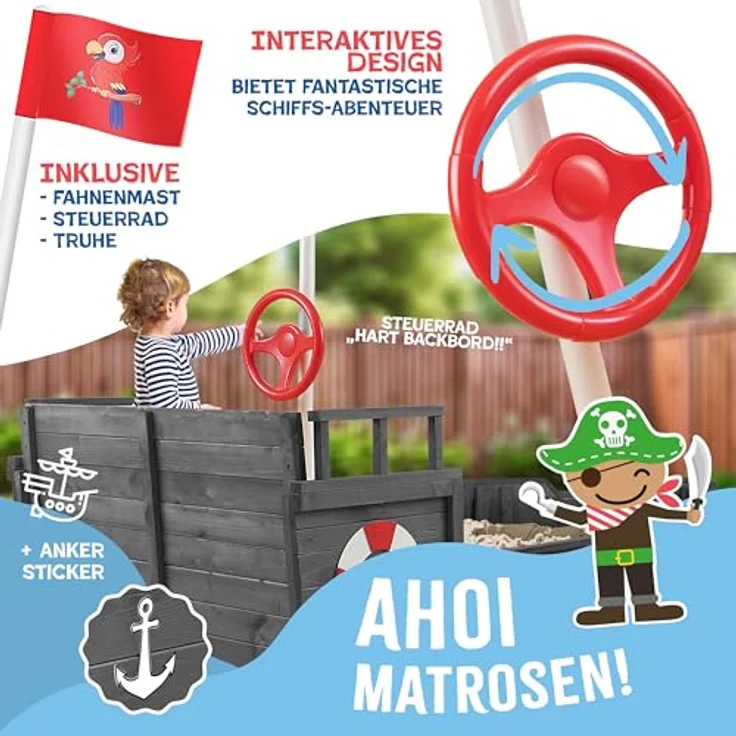 KIDIZ® Sandkasten Ahoi - Piratenschiff, Holz Anthrazit, 195 x 94 x 136 cm – Bild 6