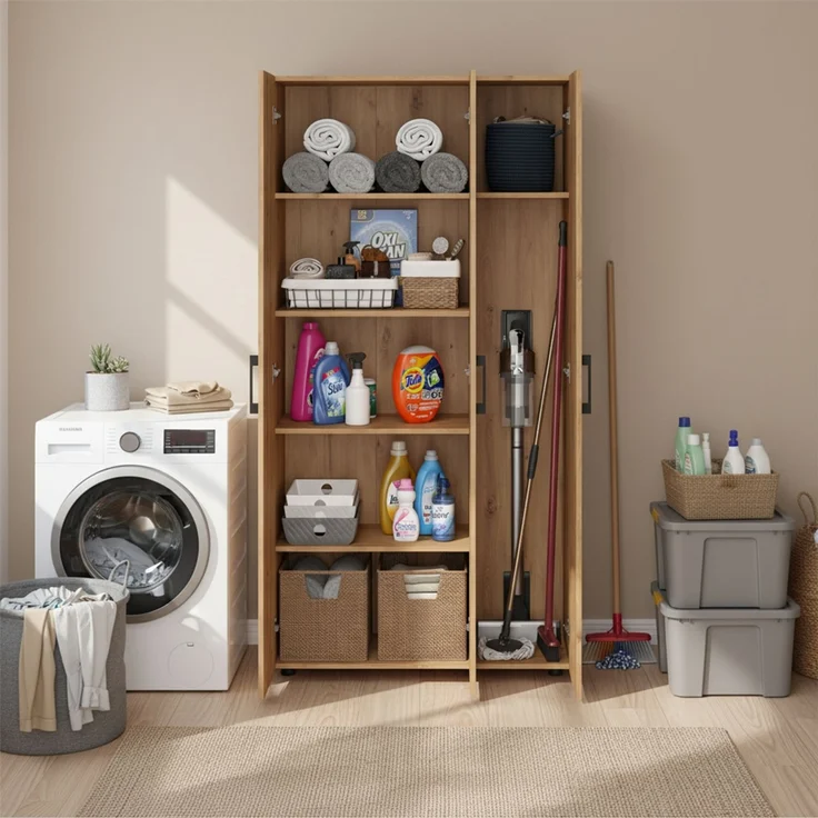 Bellamio 'Apol' Mehrzweckschrank, Eichenoptik, 176x33x90 cm, Putzschrank mit 3 Türen und 5 Regalen, Besenschrank mit Staubsaugerfach – Bild 7