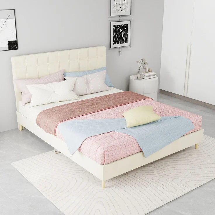 Novelux Polsterbett 140x200 cm mit Kariertem Kopfteil & Holzfüßen – Modernes Doppelbett aus Verschleißfestem Stoff, Massivholzrahmen, für Schlafzimmer, Beige – Bild 10