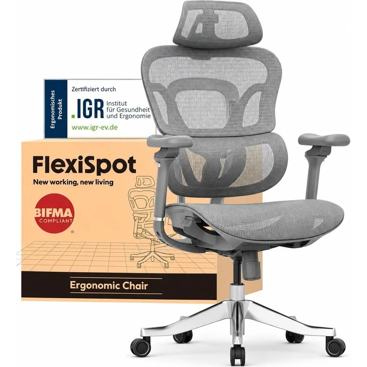 FLEXISPOT Ergonomischer Stuhl bis 300 kg, mit 4D Kopfstütze & 5D Armlehnen,Einteiliger Rücken- & Lendenstütze Bürostuhl für Büro und Gaming, ErgoX Max, Grau