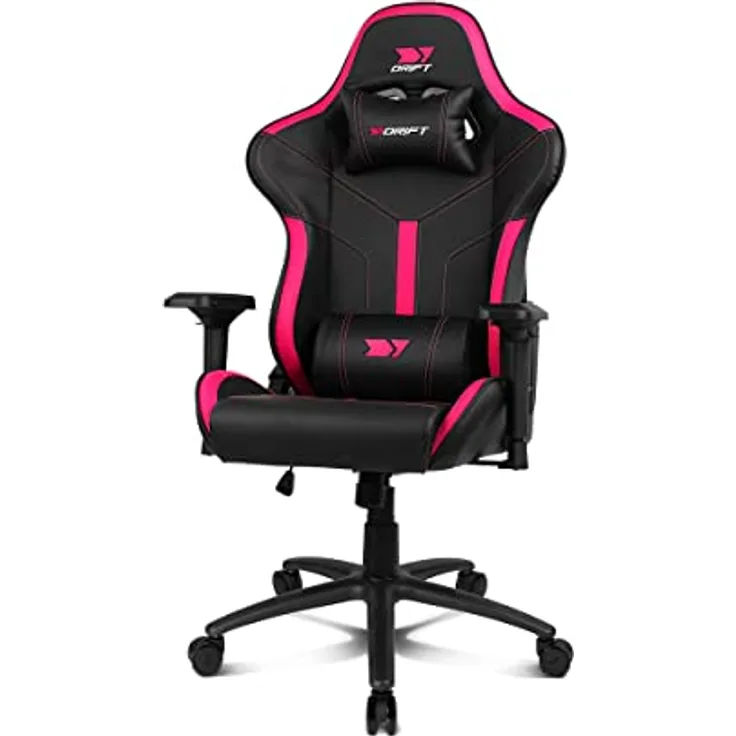 DRIFT GAMING DR350 – Ergonomischer Profi-Gaming-Stuhl mit 4D-Armlehnen, Lenden- und Nackenkissen, 135° neigbar, Leise Rollen, Schwarz-Rosa