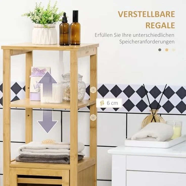 Kleankin Badkommode höhevestellbar, aus Bambus, mit Schrank, zwei offene Ablagen (Badezimmerschrank, 1 St, Badezimmermöbel), für Badezimmer, 33 x 30 x 120 cm Naturholz – Bild 5