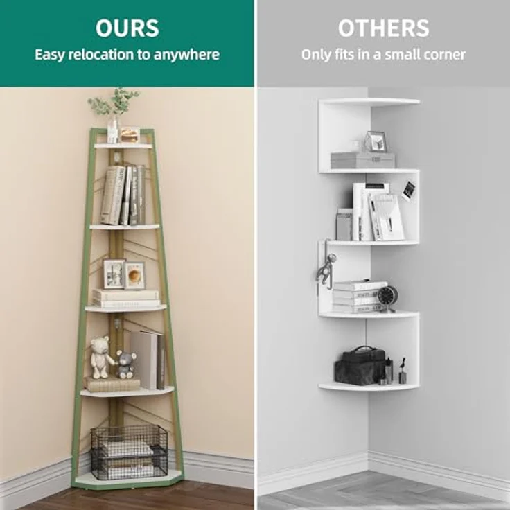 YITAHOME 5-Stöckiges Eck-Bücherregal - Industrielles Freistehendes Leiter-Regal, Modernes Offenes Holzregal für Wohnzimmer, Diele, Home Office, Golden – Bild 4