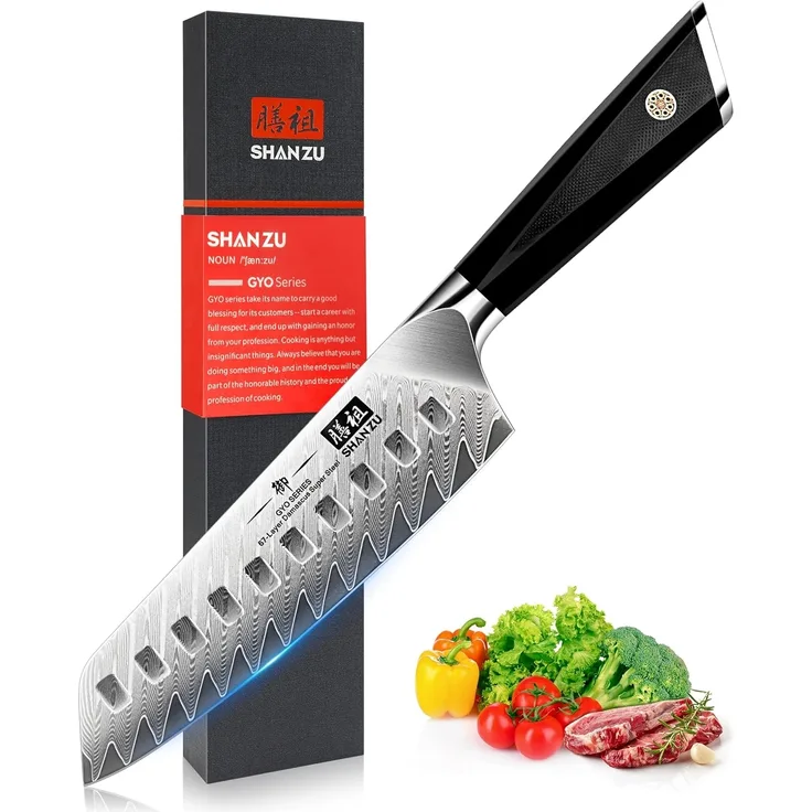 SHAN ZU Damastmesser, Santokumesser Küchenmesser 18cm Kochmesser Damaskus 10Cr15Mov Edelstahl Scharfe Messerklinge Ergonomischer G10 Griff Exquisiter Geschenkverpackun