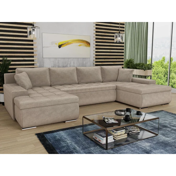 Wohnlandschaft mit Schlaffunktion Faris U-Form - Couch, Schlafsofa mit Bettkasten, Couchgranitur mit Bettfunktion, Big Sofa, Bettsofa (Beige (Paros 02)) – Bild 2