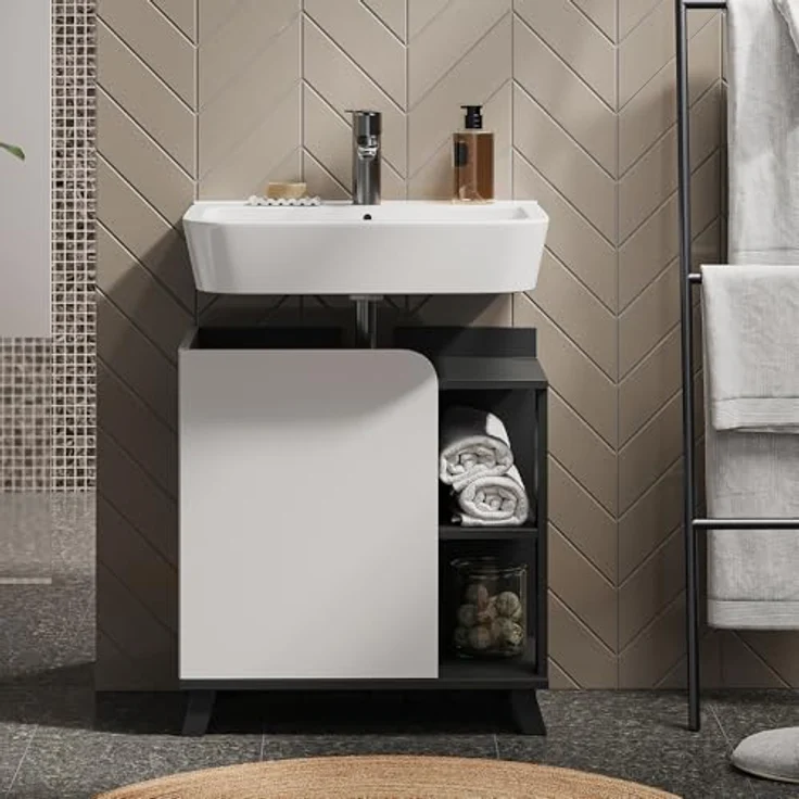 Vicco Waschbeckenunterschrank Karen, anthrazit/weiß, 60 x 65 cm mit Tür und offenen Fächern, pflegeleichte Oberfläche – Bild 2
