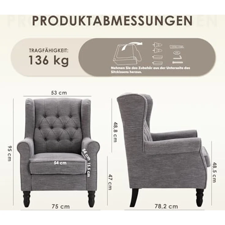 COLAMY Mid-Century Modern Sessel Wohnzimmer, Gepolsterter Wingback-Sessel mit Knopfsteppung, loungesessel Bezug aus Gewebe mit Massivholzbeinen für Wohnzimmer, Büro, Café - Dunkelgrau – Bild 2