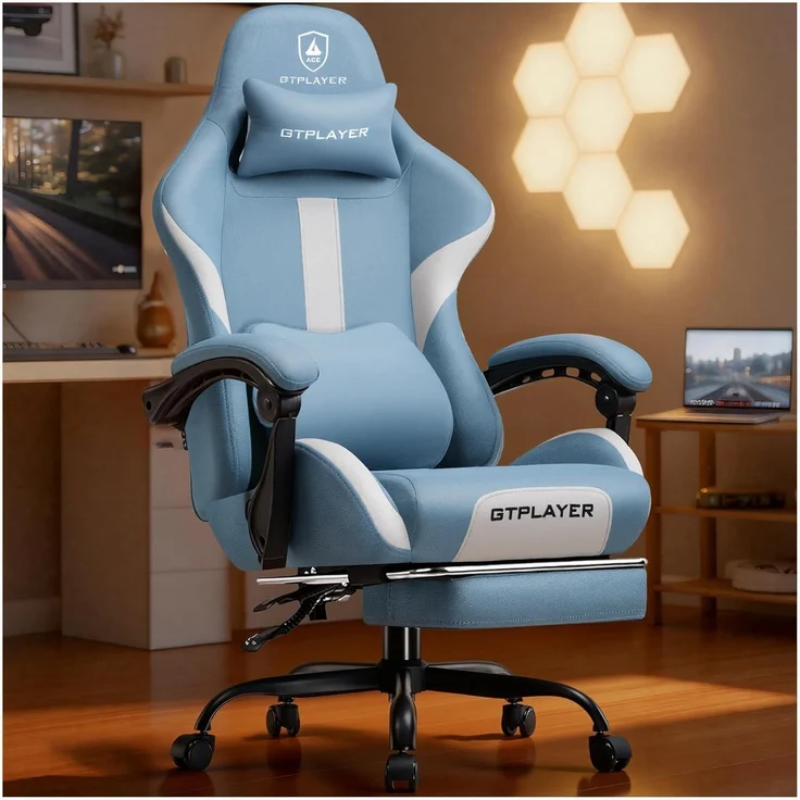GTPLAYER Gaming-Stuhl Ergonomischer Gaming Sessel Schreibtischstuhl Gamer Stuhl aus Stoff, Federsitzkissen mit Fußstütze – Bild 1