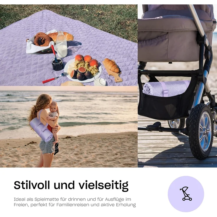 Hylat Baby Picknickdecke - Gepolsterte Stranddecke - Violett - Wasserabweisend, wärmeisolierend, aus weichem gestepptem Stoff, 130 x 170 cm - Robustes Design, leicht und faltbar mit Tragegriff – Bild 5