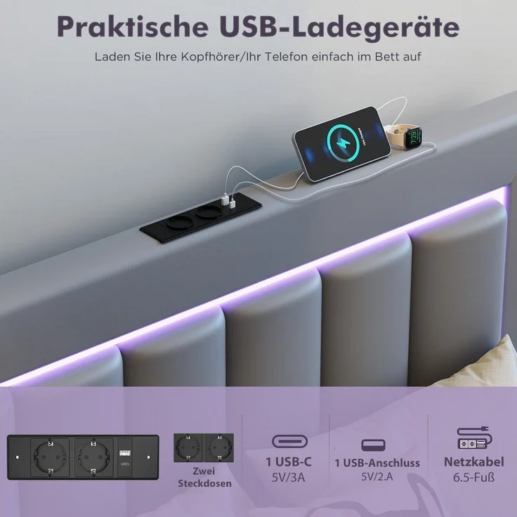 oyajia Polsterbett Bettgestell mit Kopfteil, Lichtleiste (Polsterbett mit Lattenrost und verstellbares gepolstertes Kopfteil), Modernes Jugendbett, Leises Design, Einfach zu montieren und stabil – Bild 4