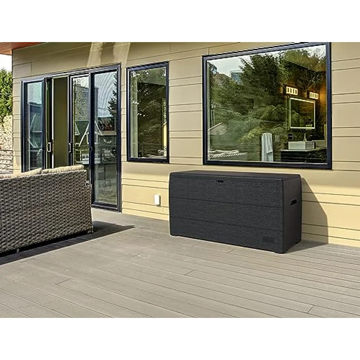 Duramax Cedargrain Durabox 270 Liter/ 71 Gallonen Kissenbox aus Kunststoff, Auflagenboxen aus Kunststoff mit Griffen, Organizer für Gartenmöbel, abschließbarer Deckel, Patio-Box, Dunkelgrau – Bild 4