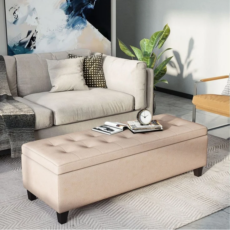 HOMCOM Sitzbank mit Deckel, Leinenoptik, Truhenbank, Aufbewahrungsbank (Bettbank, 1-St, Polsterbank), für Wohnzimmer, Beige – Bild 5