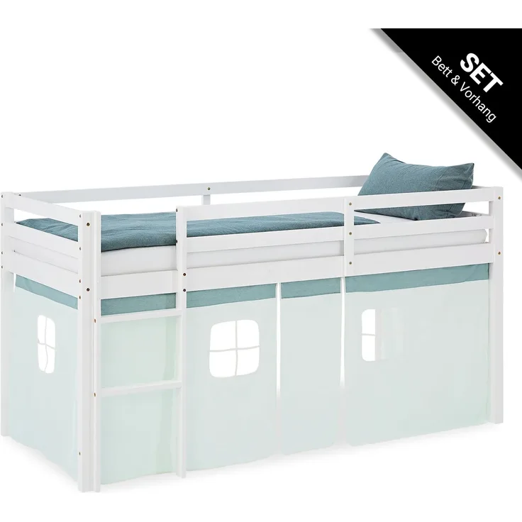 Hochbett Kinder 90x200 cm Kinderbett Kinderhochbett Stockbett Vorhang Grün Mintgrün Leiter Holz Massiv