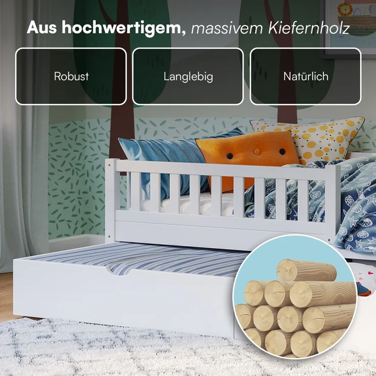 Bellabino 'Vils' Kinderbett 90x200 cm mit großer Schublade, weiß, Kiefer Massivholz, Montessori Bett mit Stauraum, mit abnehmbarem Rausfallschutz und Lattenrost – Bild 8