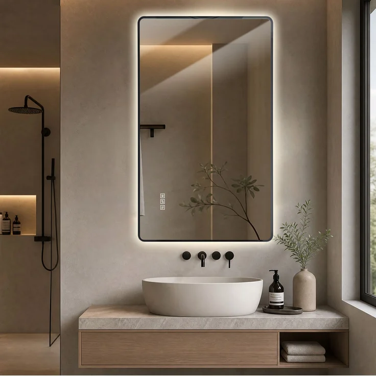 LED-Badezimmerspiegel 60x100 cm mit Aluminiumrahmen, Anti-Beschlag, Schwarz, horizontal/vertikal – Bild 3