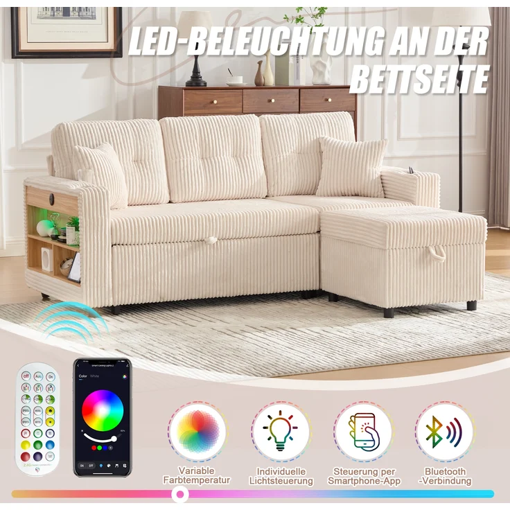 LVHOM Schlafsofa mit LED & USB, Ecksofa mit Ablagefächern, Schublade und Becherhaltern, Schlafcouch aus Cordstoff, frei Kombination, 196x144x85 cm – Bild 6
