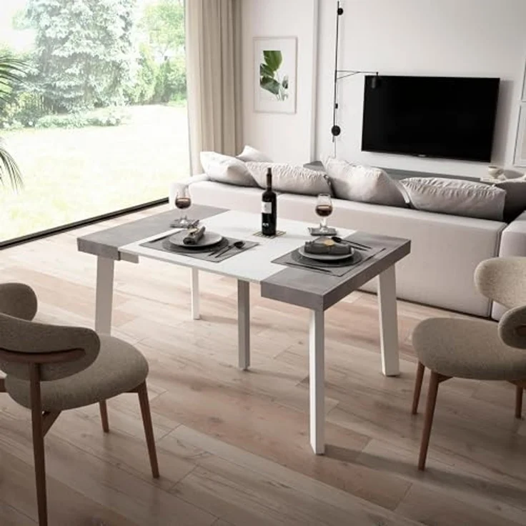 Skraut Home | Ausziehbarertisch | Multifunktionaler ausziehbarer | 140 | Für 6 Gäste | Hölzerne Beine | Moderner Stil | Mattweiß und Zement – Bild 2
