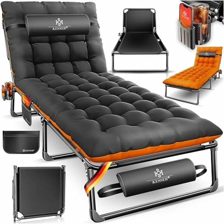 KESSER® Campingbett klappbar mit Tragetasche, Nackenkissen, Vakuumtasche & Getränkehalter, 190 x 68 x 30 cm bis 250 kg belastbar, aus Oxford-Gewebe und stabilem Stahlgerüst, ideal für Garten Camping Orange / Schwarz – Bild 1