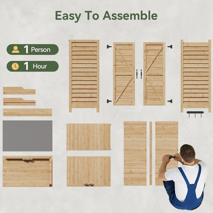 Aoxun Gartenschrank Holz, Pflanztisch mit Geräteschrank Schrank, Doppeltür, Seitenhaken und verstellbarem Regal, Gerätehaus, Gartenschuppen für Garten Terrasse, 64 x 40 x 95cm, Burlywood – Bild 9
