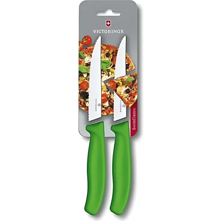 Victorinox Swiss Classic 2er Set Steakmesser Gourmet mit Wellenschliff, 12 cm, Klingenschutz, Spülmaschinengeeignet, grün