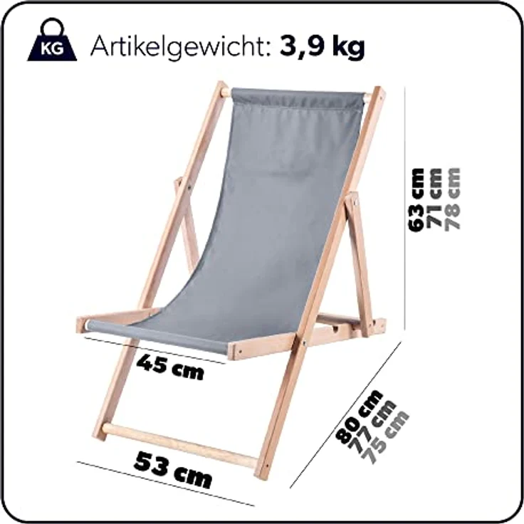 Kadax Holzliegestuhl, klappbar, grau, Buchenholz, 53x78 cm, robust und UV-beständig, bis 120 kg Tragfähigkeit – Bild 2