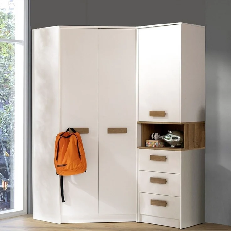 Marmex Möbel Grant 15 Ein modernes Schlafzimmer-Set, Jugendzimmer-Set, Eckkleiderschrank und Bücherregal, laminierte Spanplatte, weiß+riviera Eiche, 143x195x91 cm – Bild 1