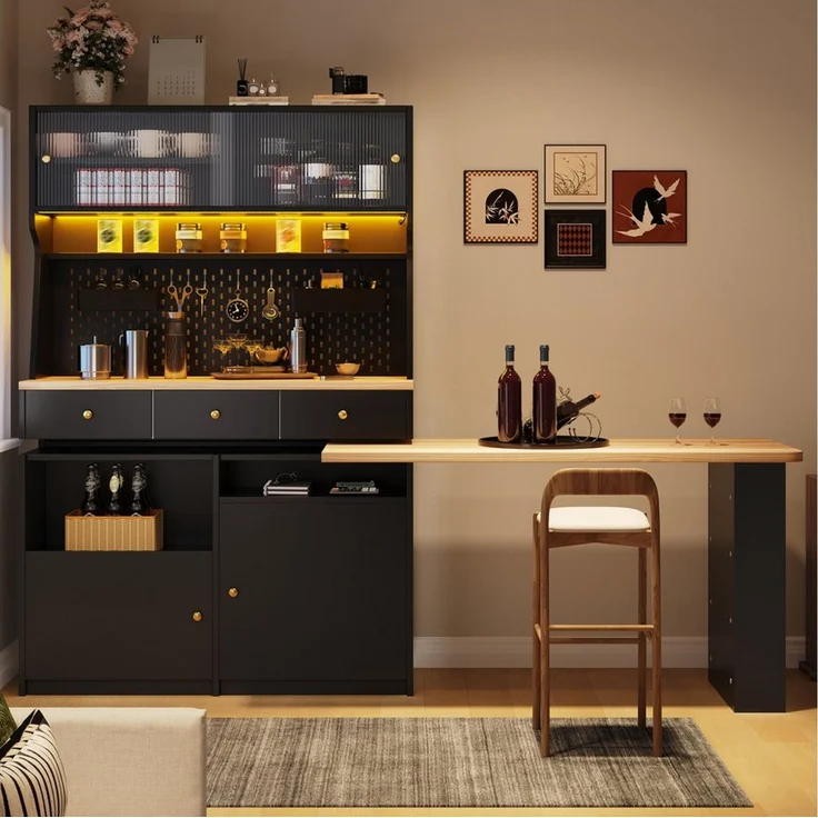 Flieks Buffet Küchenschrank Küchenbuffet mit 360° drehbar Esstisch (Buffetmaße: 119,2x44,8x177,7 cm, Tischplattemaße: 137x59 cm, 2-St, mit Acryl-Schiebetür und Schubladen) Hochschrank mit LED-Beleuchtung & Stecktafel, Arbeitstisch mit Ablagen – Bild 2