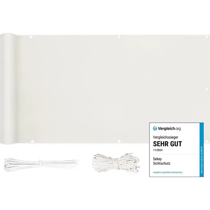 Sekey Balkon Sichtschutz Balkonabdeckung Balkonverkleidung blickdichte Wind- und UV-Schutz, 100% Privatsphäre, mit Ösen, Nylon Kabelbinder und Kordel, 90x500cm, Weiß – Bild 1