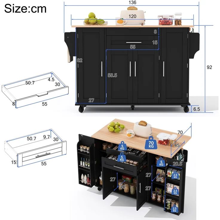 120×45cm,mobile Kücheninsel,Küchenwagen,ausziehbare Arbeitsplatte bis 70cm,verdeckte Besteckschublade,verstellbare Einlegeböden,Gewürzregal und Handtuchhalter,geeignet für Küche,Esszimmer oder Wohnzim – Bild 7
