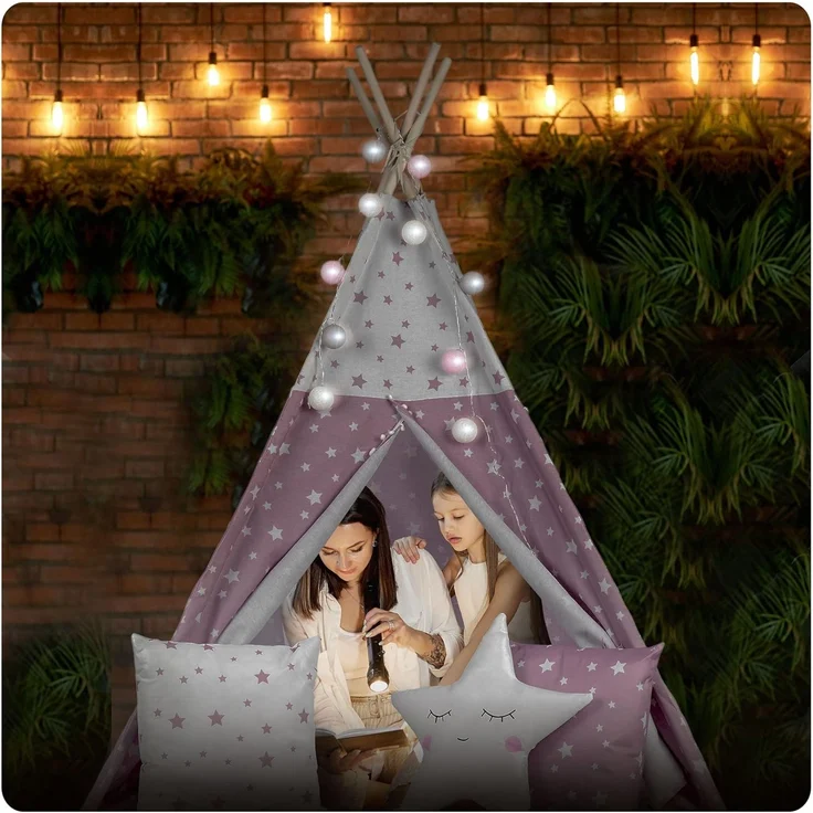 NUKIDO Kindertipi im Montessori-Stil Baumwolle und Holzrahmen mit Isoliermatte 3 Kissen Girlande Luftig 120 x 120 x 165 cm Rosa mit Sternen – Bild 8
