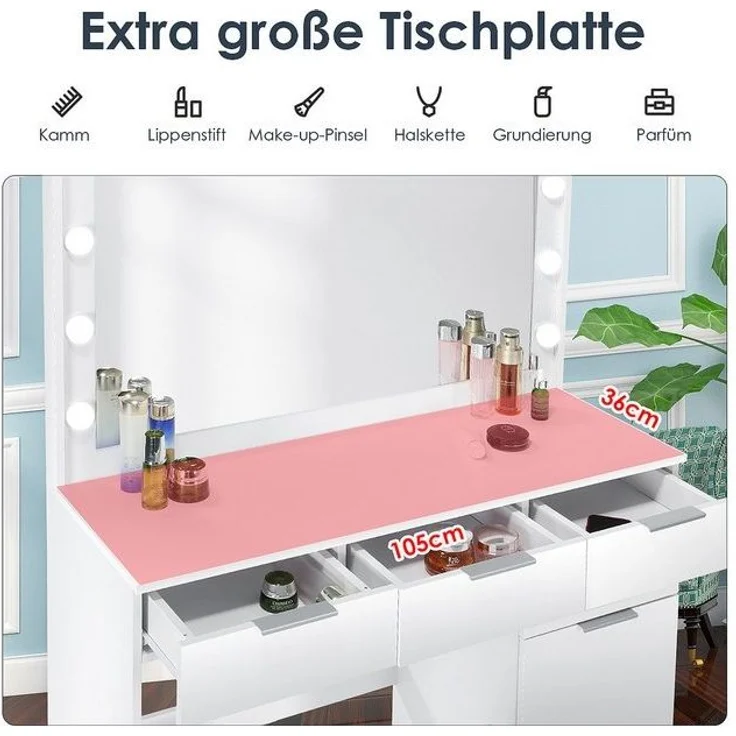 oyajia Schminktisch Kosmetiktisch mit Spiegel und Hocker, Kosmetikspiegel und 5 Schubladen (Make-up Tisch mit 5 Schubladen und 3 offene Ablagen, mit USB-Anschluss), Frisierkommode mit LED Beleuchtung,Schlafzimmermöbel Vanity Set – Bild 4