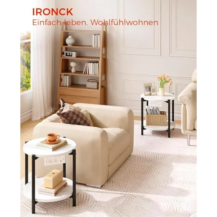 IRONCK Beistelltisch rund, Couchtisch mit Steckdose, Kleiner Tisch Holz, Wohnzimmertisch 2 Ablagen,Sofatisch,USB & Type-C-Anschluss, Metallrahmen, Nachttisch für Schlafzimmer (Weiß, 2 Stücke) – Bild 9