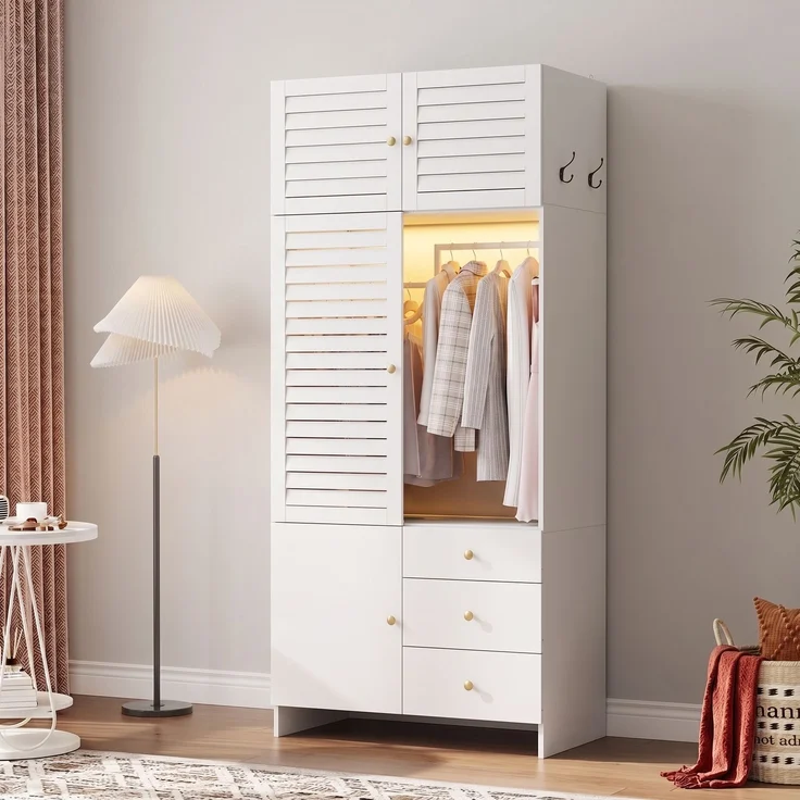 Drehtürenschrank 90 x 50 x 200 cm aus Spanplatte in Weiß mit LED-Kleiderstange – Bild 3
