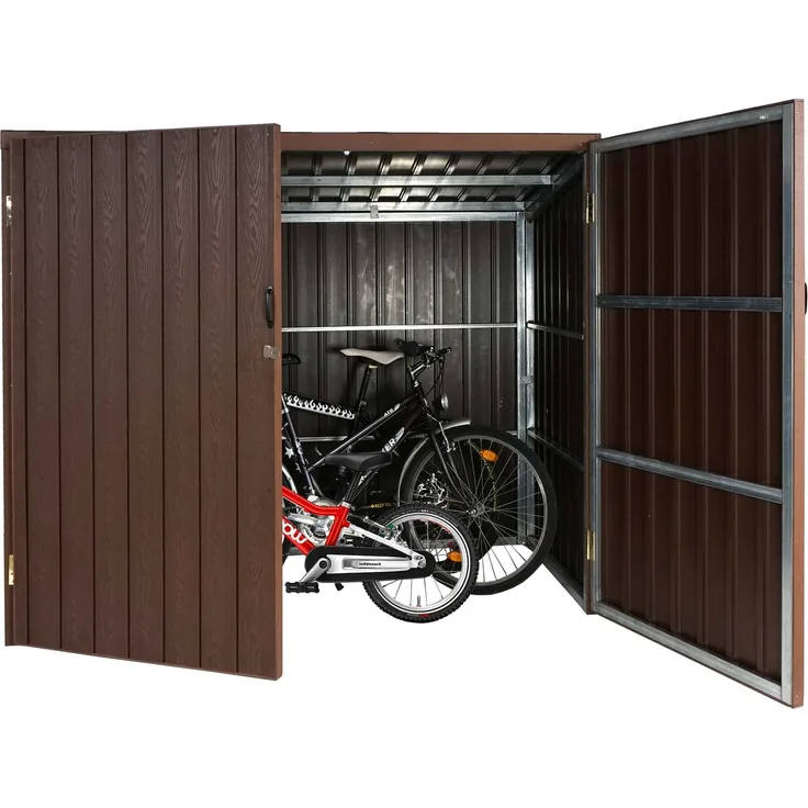 WPC-Fahrradgarage HWC-J29, Geräteschuppen Fahrradbox, Metall Holzoptik abschließbar ~ 4 Räder 172x213x160cm braun