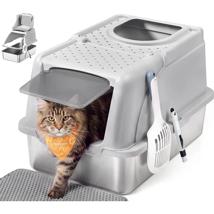 FEANDREA Katzenklo, Katzentoilette, Edelstahl, mit Deckel, Schaufel, Bürste, für Katzen bis 15 kg, grau – Bild 1