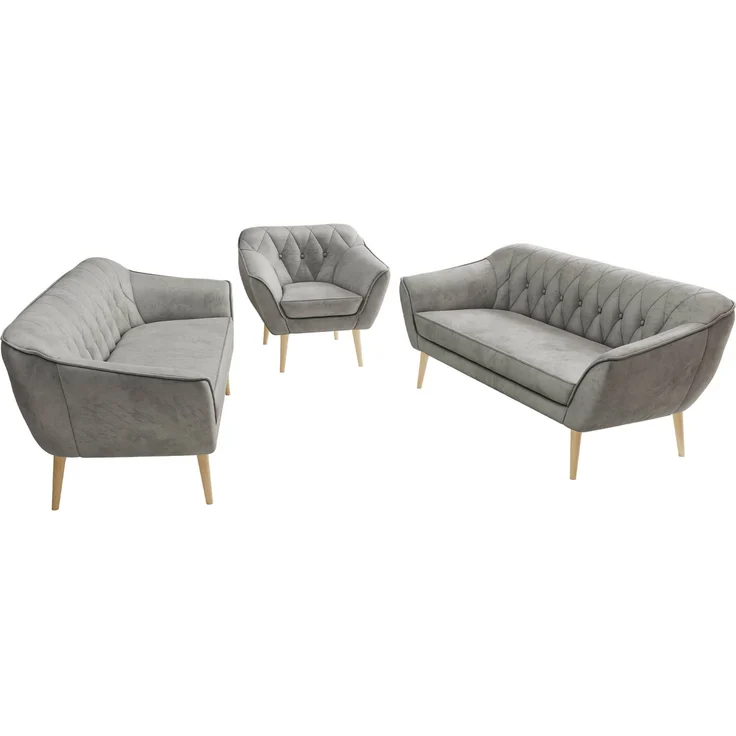 Wohnzimmerset, Möbelset PIRS 3-3-1, Armlehnen, Wellenfederung, Buche Füße, Dreisitzer Sofas mit Sessel, Polstermöbel Set - Hellgrau Velvet – Bild 8