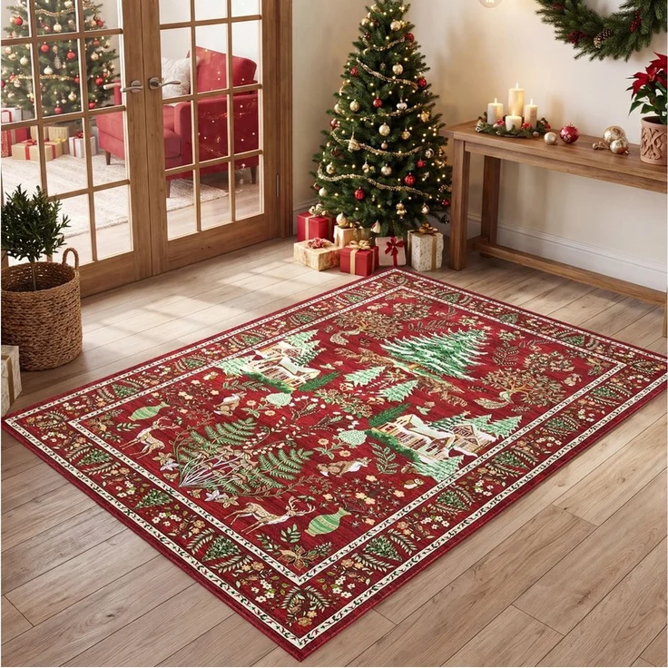 GarveeMore Teppich Roter Festlicher Weihnachtsteppich im Boho-Stil mit Winterwald-Motiv, Höhe: 5 mm – Bild 2