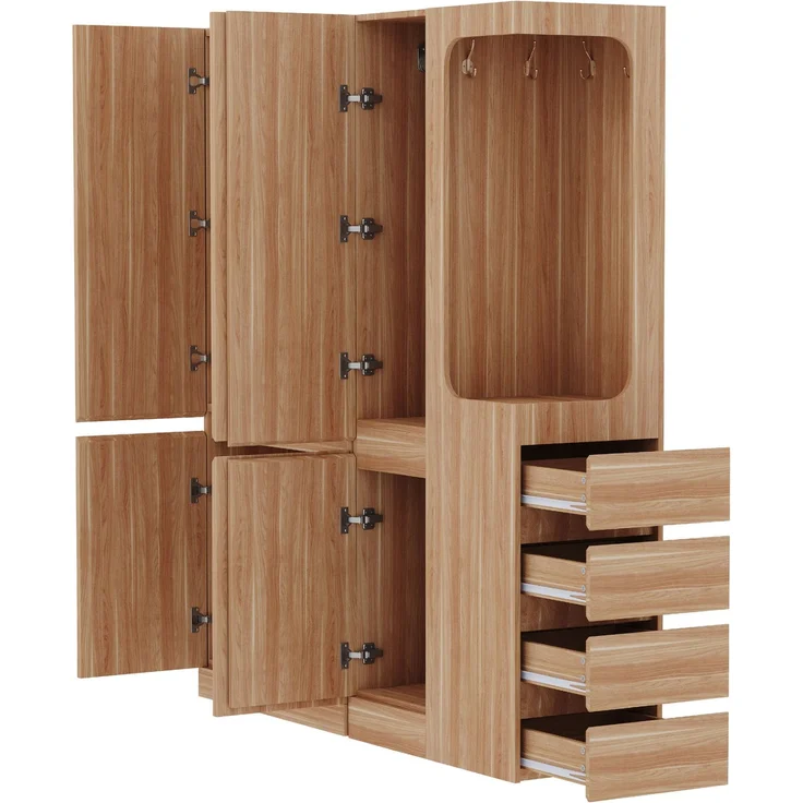 CHICFURN Kleiderschrank aus Holz, Naturholz, 140x170x40 cm, mit 4 Schubladen und offenem Hängebereich – Bild 4