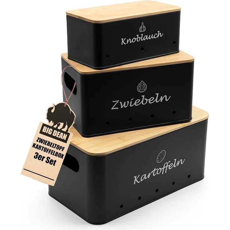 BigDean Kartoffelkiste 3er Set Kartoffel Aufbewahrungsbox für Kartoffel, Zwiebel & Knoblauch (Set, 6 St, Gemüseboxen), Stapelbar, Robuster Verzinkter Stahl, Belüftet, Rutschfest