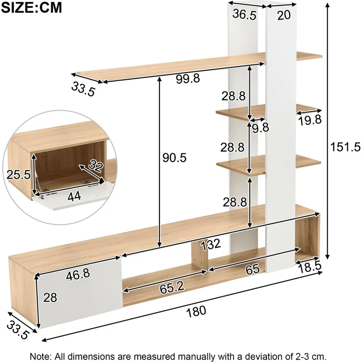 DESVIAE TV-Schrank-Set mit 3 Wandregalen und Stauraum, 180x151,5x33,5 cm, Spanplatte, Weiß und Holzfarben – Bild 10