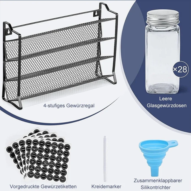 TUWENA Gewürzregal Generisch Gewürzregal Stehend & Wand Gewürz Organizer Küchen Organizer, mit 28 Gewürzgläser & 180 Gewürzetiketten & Trichter-Komplettse – Bild 2
