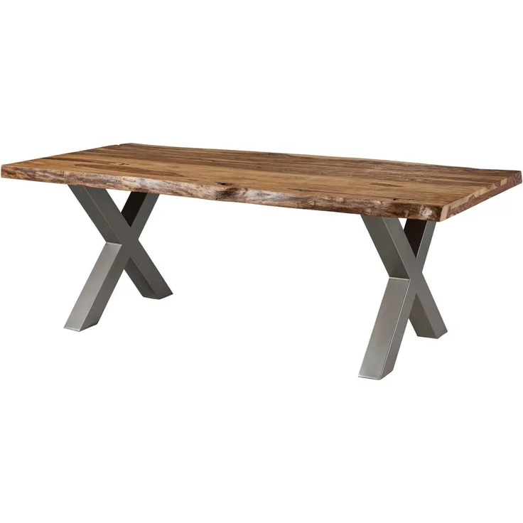 Baumtisch Sheesham 200x100x77 natur sandgestrahlt / X-Beine silber matt FREEFORM 5