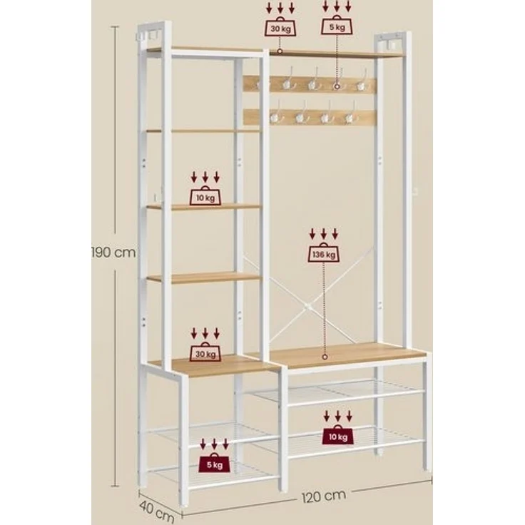 VASAGLE Garderobenständer mit Schuhbank, Garderobe, 5 Regalebenen aus Spanplatten, 9 Dreifach-Haken, 6 seitliche Haken, 40 x 120 x 190 cm, goldeichenfarben-wolkenweiß HSRDE426Y01 – Bild 5
