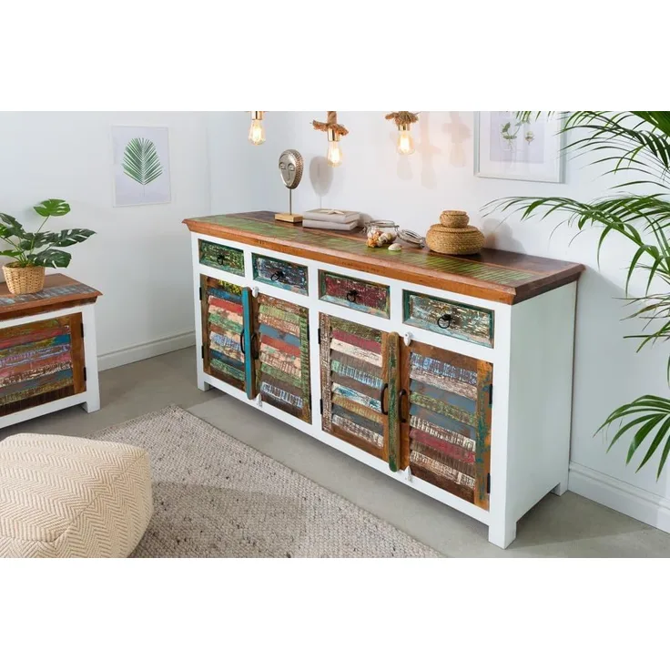 riess-ambiente Sideboard JAKARTA 160cm weiß / natur / bunt (1 St), Wohnzimmer · Massivholz · Kommode · Landhausstil