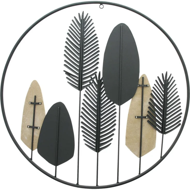 Dekoleidenschaft Wandbild "Blätter" aus Metall schwarz & Holz, Wandbild, Wandschmuck, Metallbild, Wanddekoration Ø 56 cm, Wandobjekt, Hängedeko – Bild 3