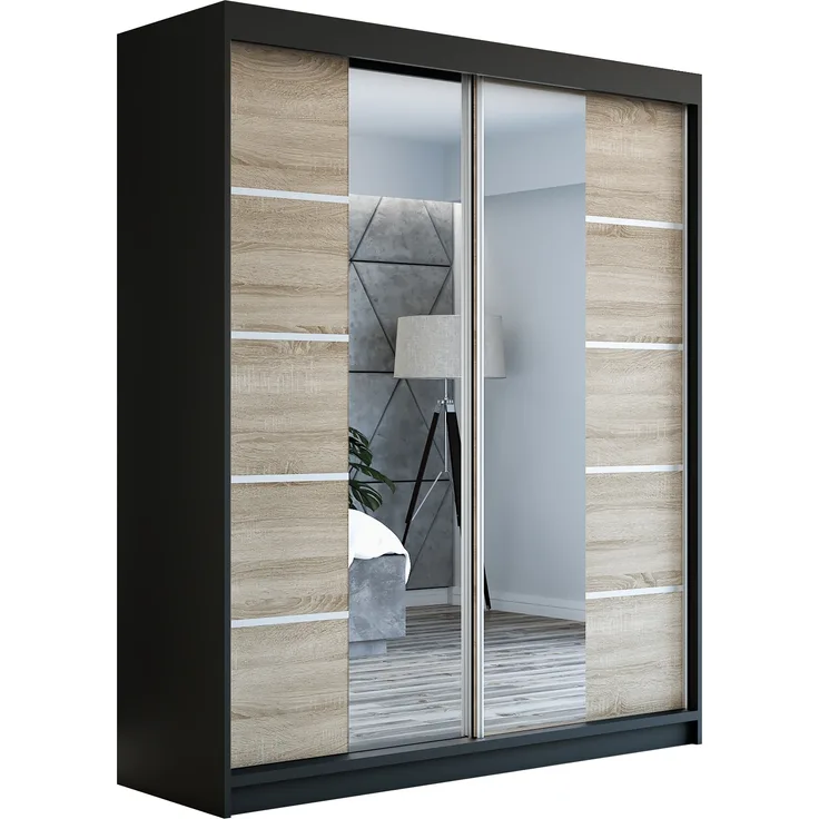 Schwebetürenschrank ERA 2-türig Schrank 180 cm (mit Spiegel) Farbe: Schwarz , sonoma
