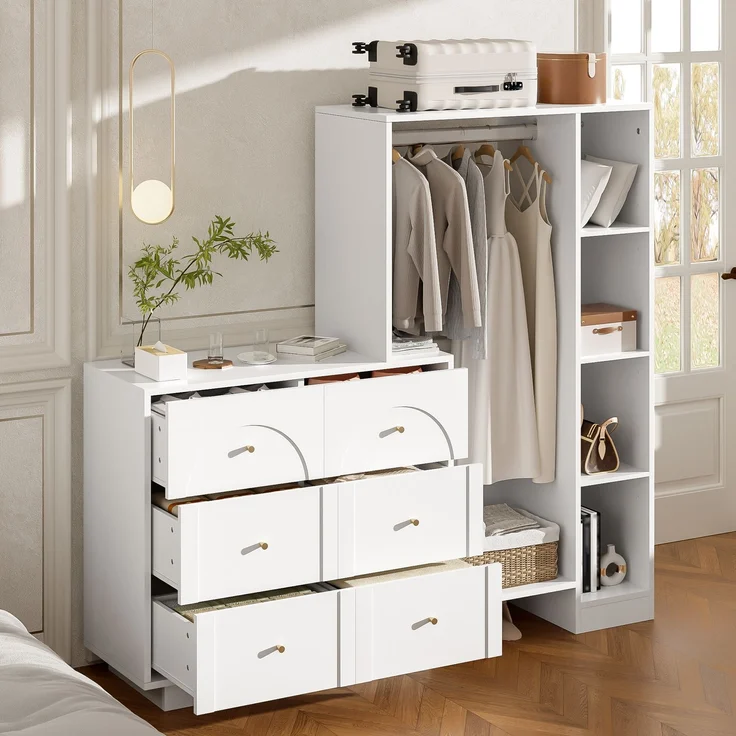 Moderner Mehrzweck-Kleiderschrank, offene Garderobe mit Kleiderstange, 6 Schubladen und Seitenregalen, Schlafzimmer-Aufbewahrungsschrank, Weiß, 139 × 35 × 133 cm--Weiß--139x35x133cm--YOUDENOVA – Bild 4